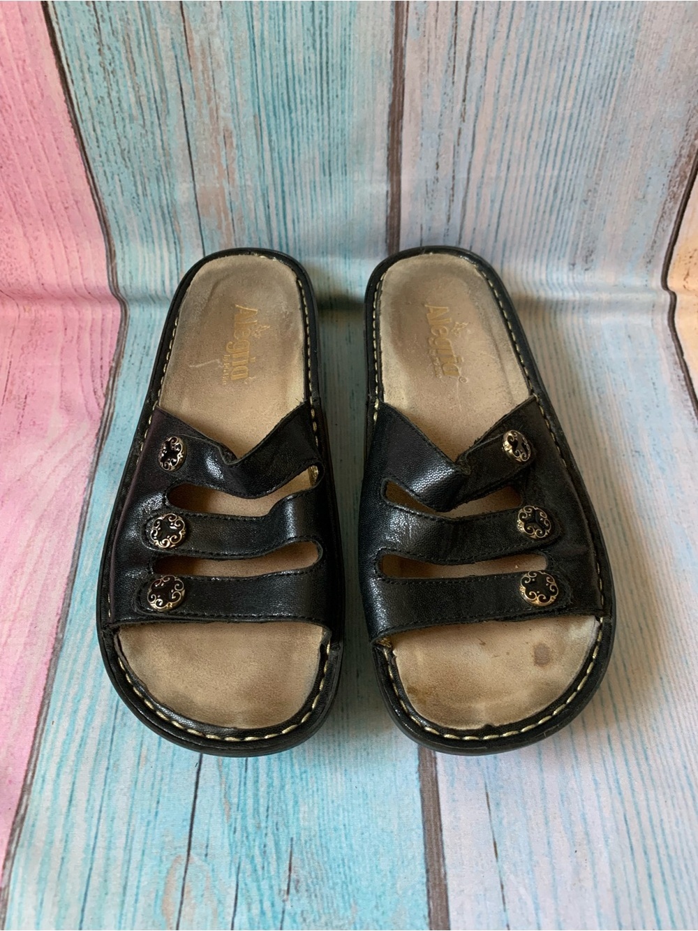 Alegria Black Women's Slide Sandals with Decorative Buttons - Picture 2 of 10
